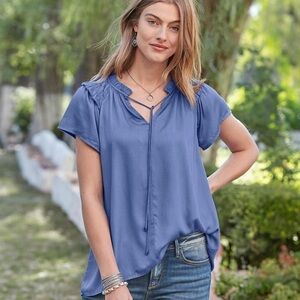 SUNDANCE so in love Blue bohemian modal cottagecore Lagenlook classic top XS
